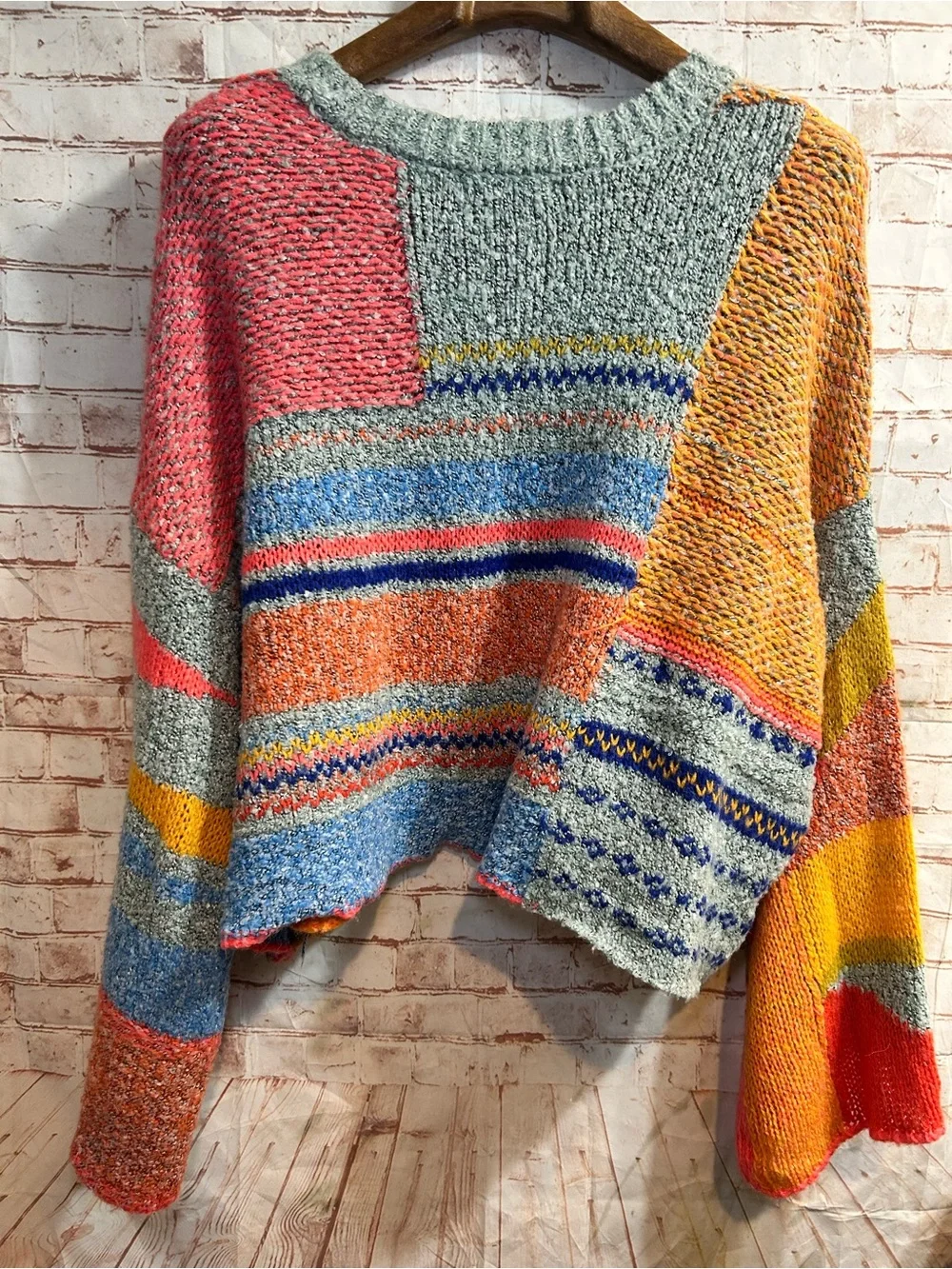 Moon & Madison Colorful Playful Patchwork Oversized Knit Sweater Cozy Boho Funky - Picture 6 of 10